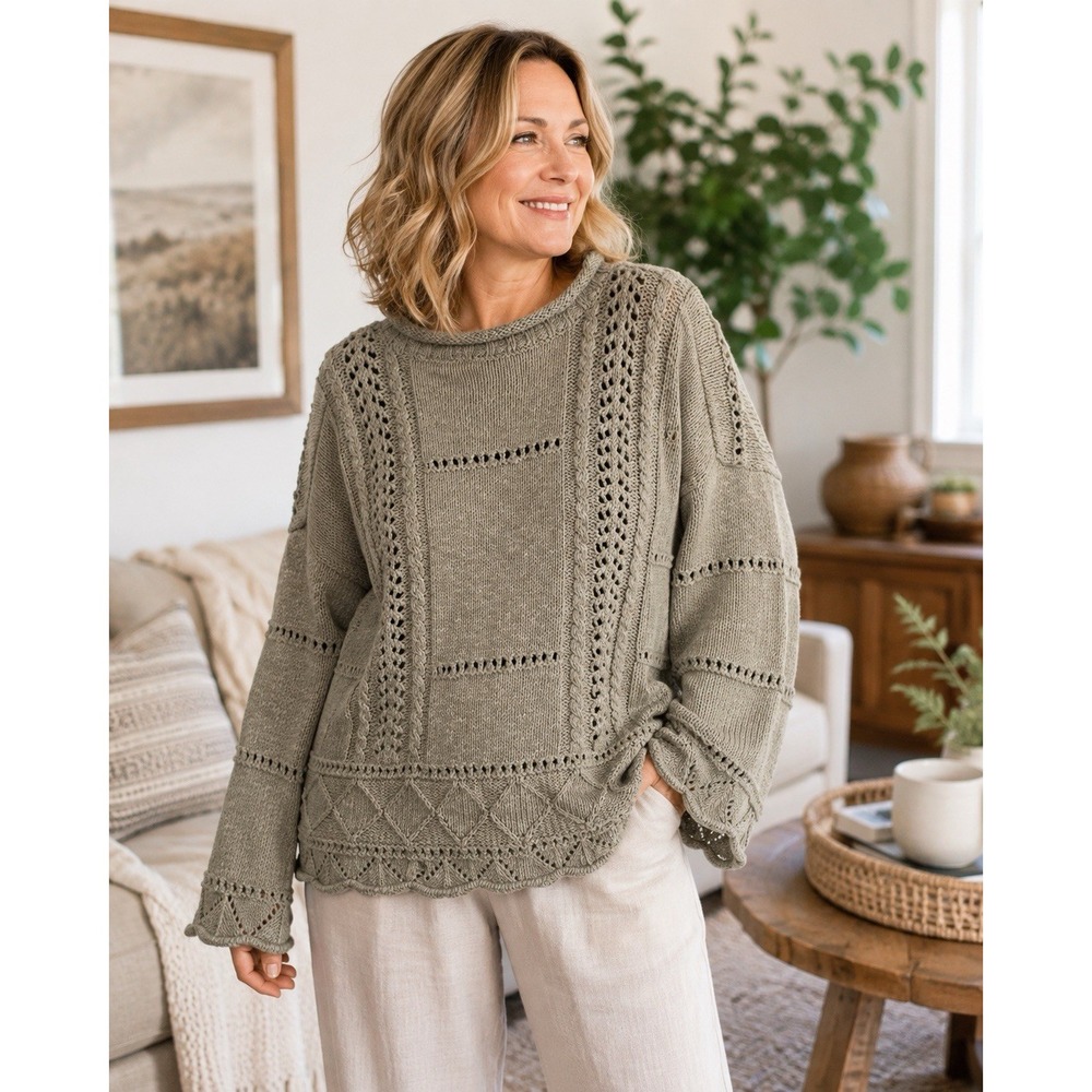 Tivoli XL Cotton Linen Sweater Sage Green Cable Open Knit Boho Pullover